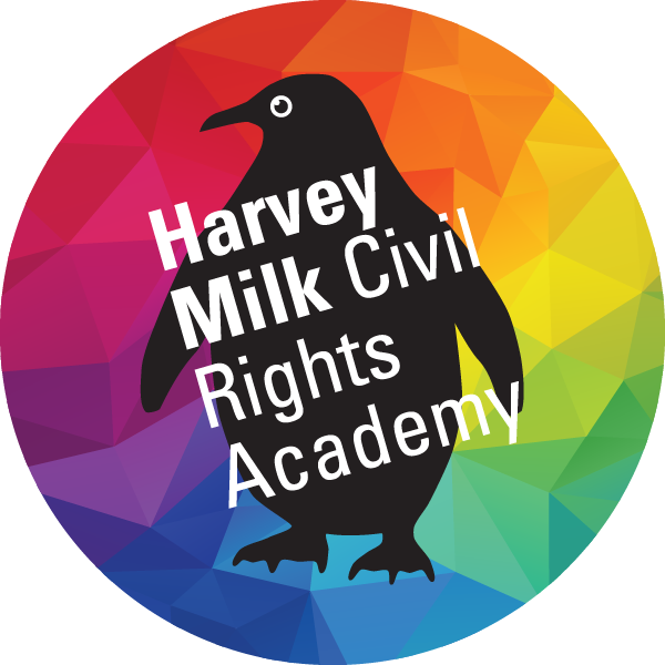 Harvey Milk Civil Rights Academy logo with colorful geometric circle and a black penguin.
