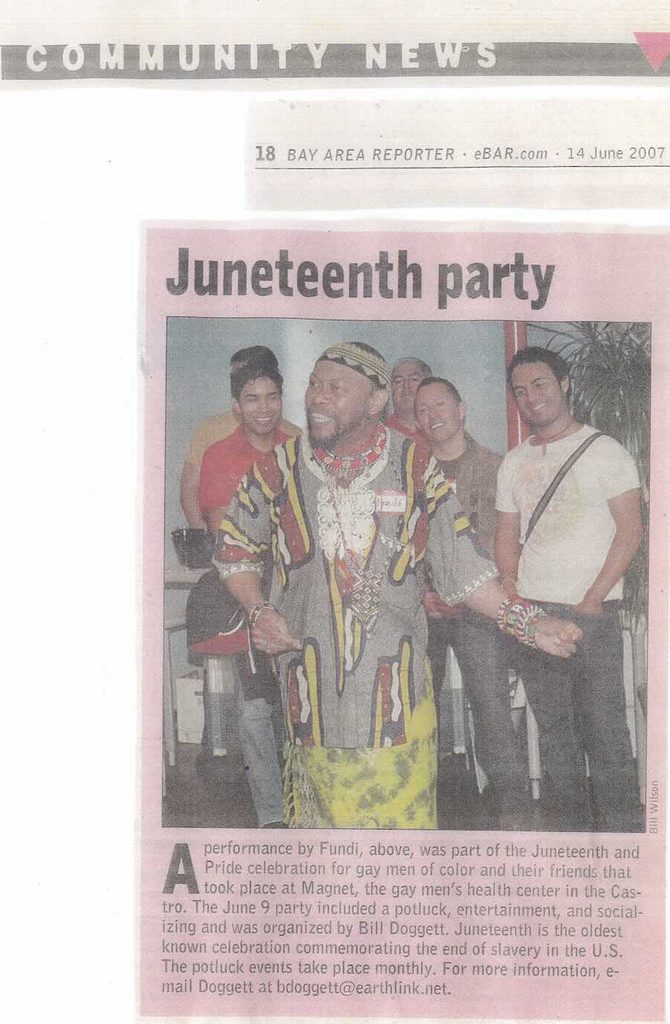 Newspaper clipping from Bay Area Reporter, 2007; Fundi dances at a Juneteenth party.